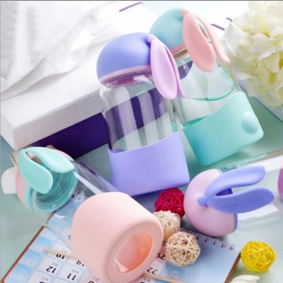 لیوان شیشه ای فانتزی درب سیلیکونی طرح خرگوش وارداتی