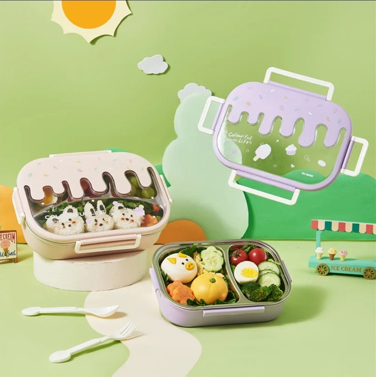 ظرف غذا فانتزی 3 خانه جنس استیل طرح بستنی رنگ آبی صورتی بنفش سبز وارداتی با کیفیت عالی شکوفه گیلاس پینترستی کیوت🍦🍱