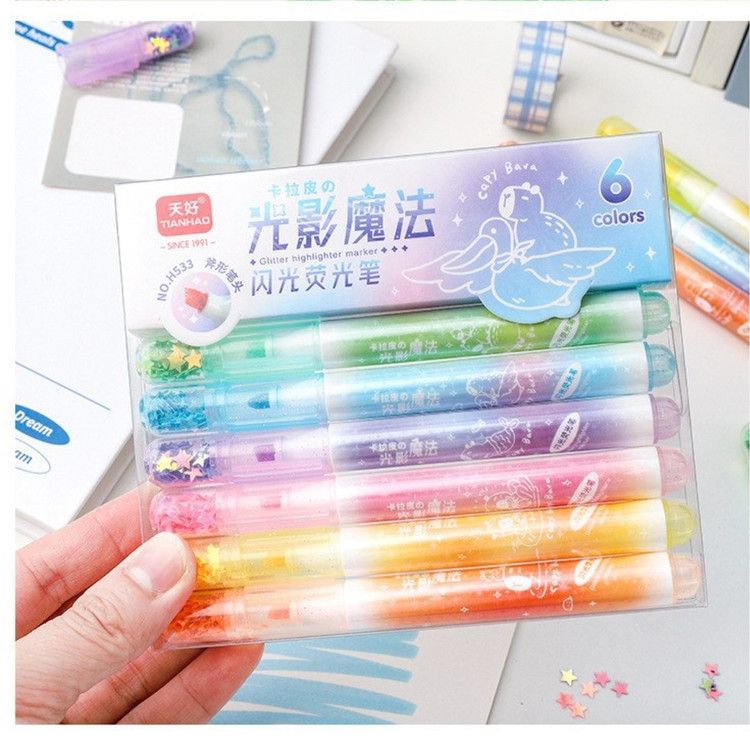 هایلایتر فانتزی شاین طرح ستاره ای اکلیلی و براق رنگ های پاستلی وارداتی با کیفیت عالی شکوفه گیلاس پینترستی کیوت✨⭐