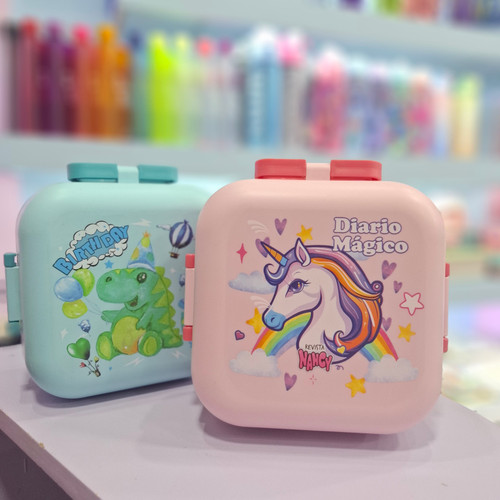 ظرف غذا فانتزی ۲ طبقه طرح یونیکورن و دایناسور دارای قاشق چنگالی